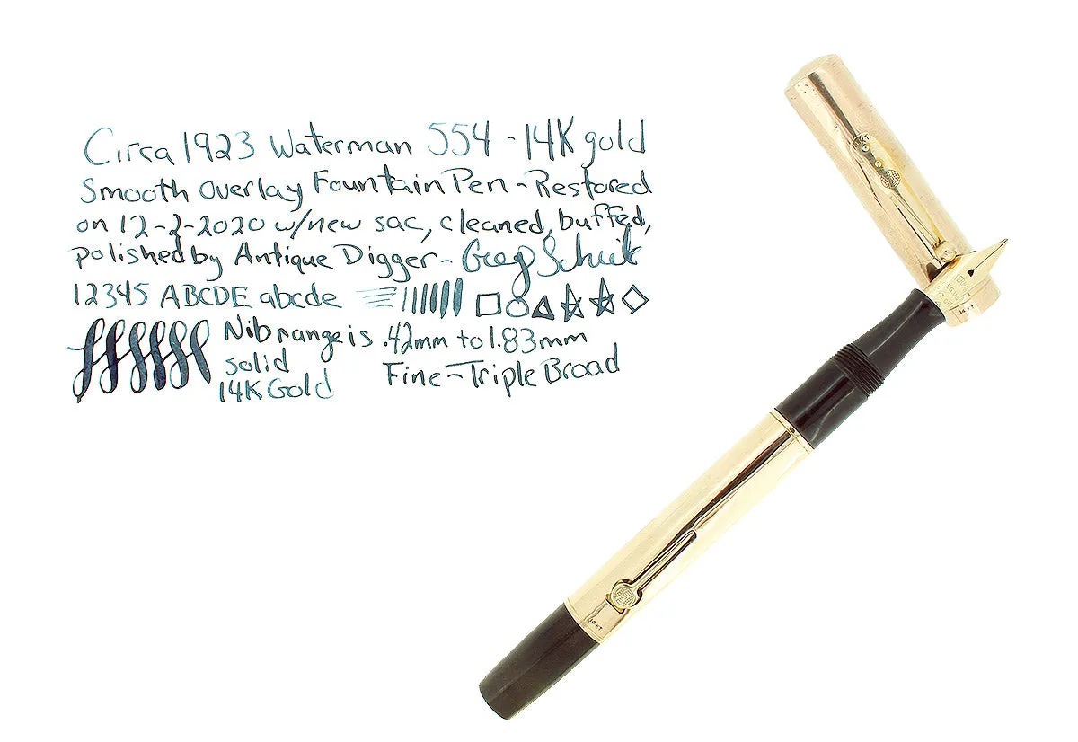 C1923 WATERMAN 554 SMOOTH SOLID 14K GOLD OVERLAY FOUNTAIN PEN RESTORED