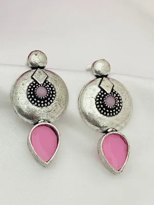 Magnificent Pink Stone Studded Designer German Silver Plated Designer Dangle Earrings