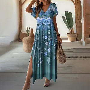 Print Side Split Casual Loose Ankle-Length Vacation Maxi Casual Colorful Dress