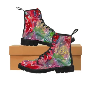 Red Floral Print Women's Boots, Watercolor Flower Printed Hiking Combat Boots For Ladies