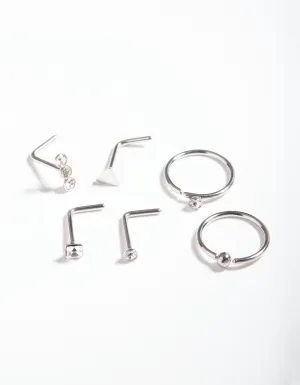 Rhodium Surgical Steel Geometric Diamante Nose Ring 6-Pack