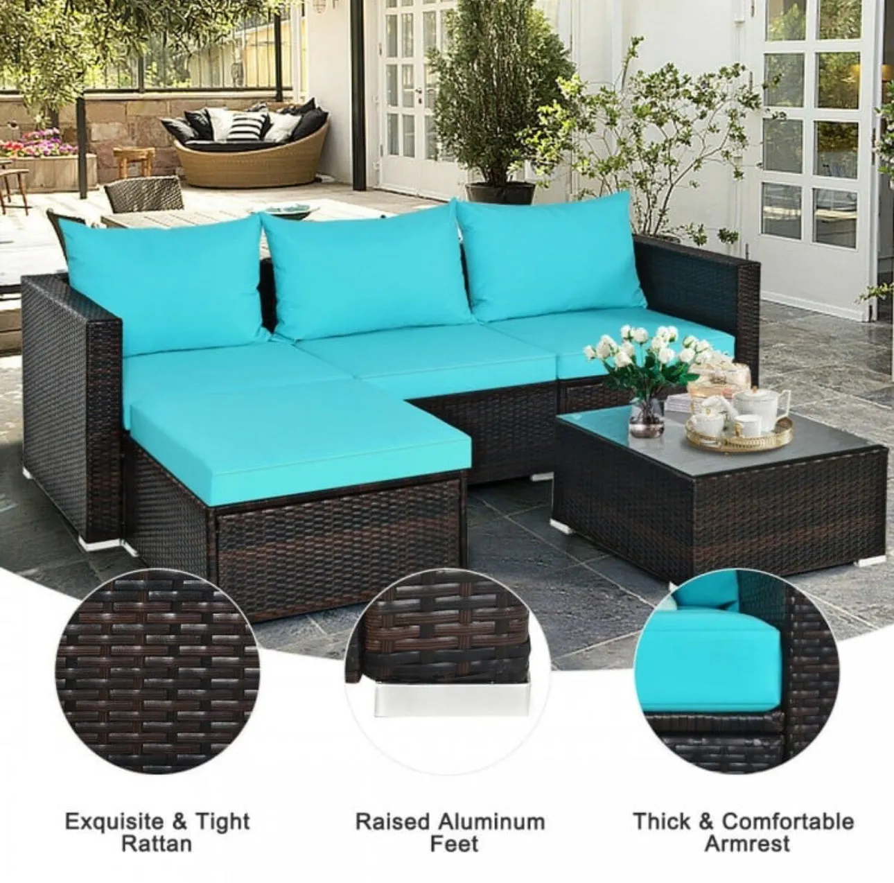 Super Relaxing 5 Pieces Patio Rattan Sectional Furniture Set With Cushions | Coffee Table