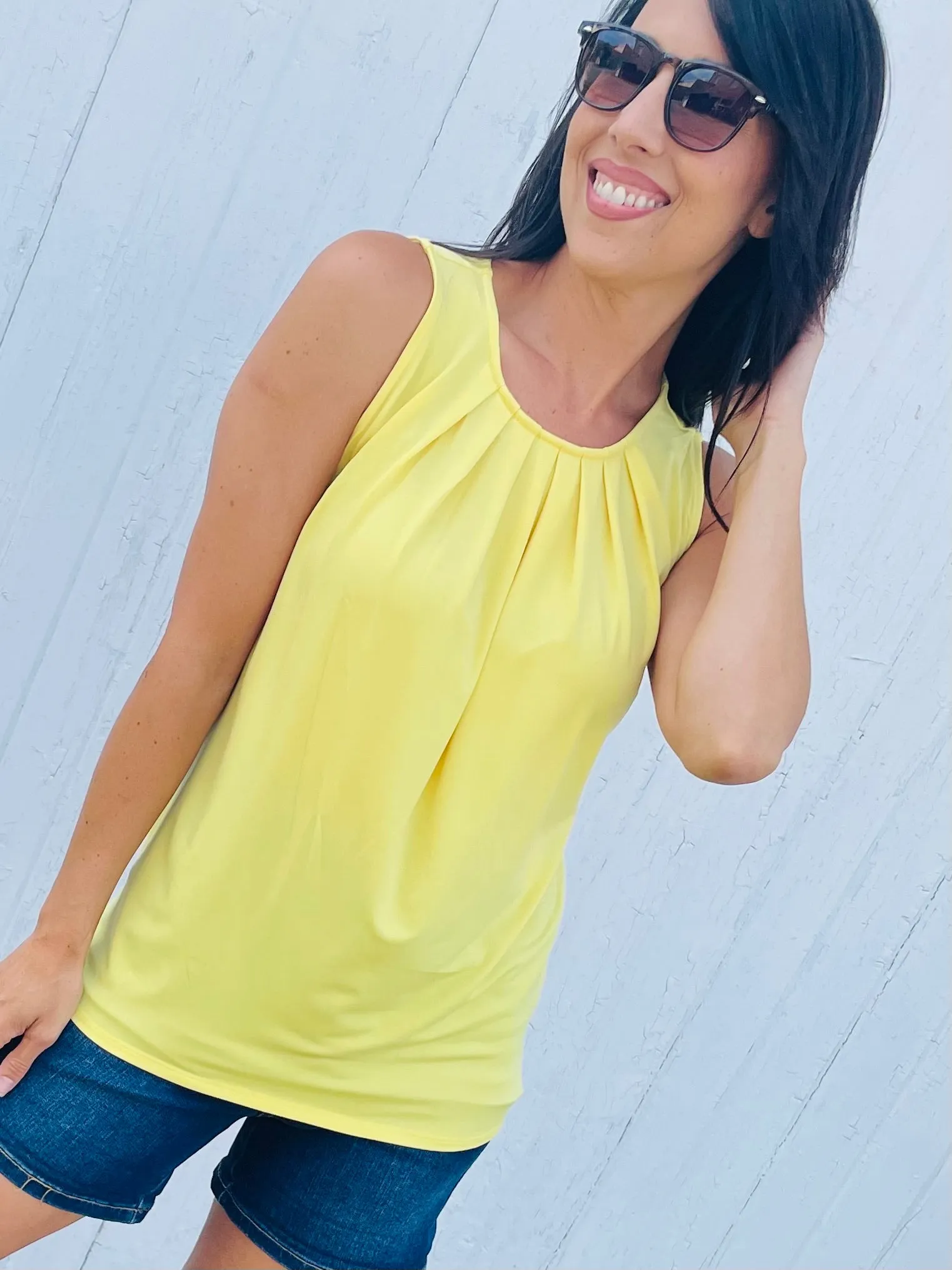 YELLOW SLEEVELESS FRONT NECK PLEAT TOP